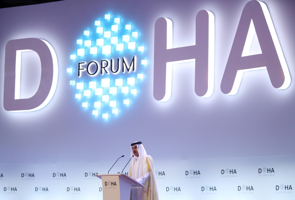 Qatar's Amir Sheikh Tamim bin Hamad al-Thani makes a speech as he attends the 19th Doha Forum on December 14, 2019, in Doha, Qatar. ( Cem Özdel - Anadolu Agency )