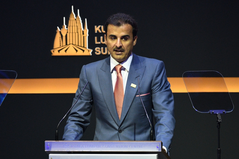 HH the Amir Sheikh Tamim bin Hamad Al-Thani delivers his speech during the opening ceremony of the Kuala Lumpur Summit in Kuala Lumpur on December 19, 2019. / AFP / Mohd RASFAN