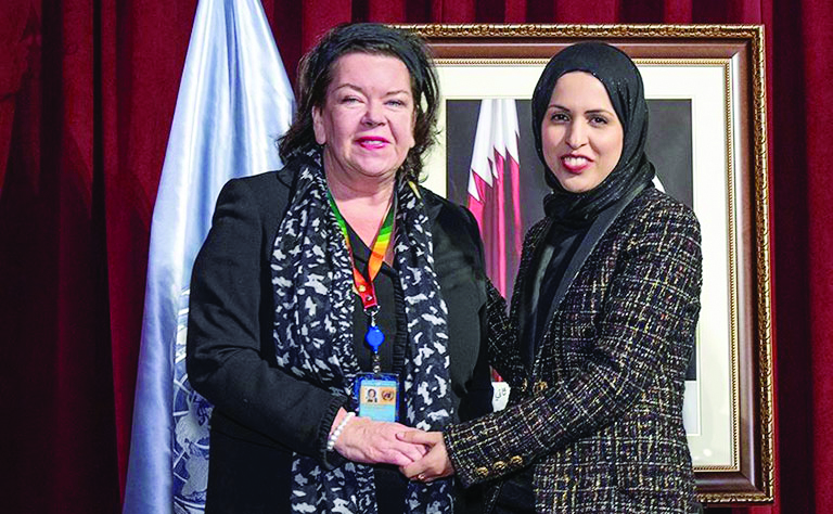 Permanent Representative of the State of Qatar to the United Nations, H E Sheikha Alya Ahmed bin Saif Al Thani (right), during an event to mark Qatar National Day in New York City.