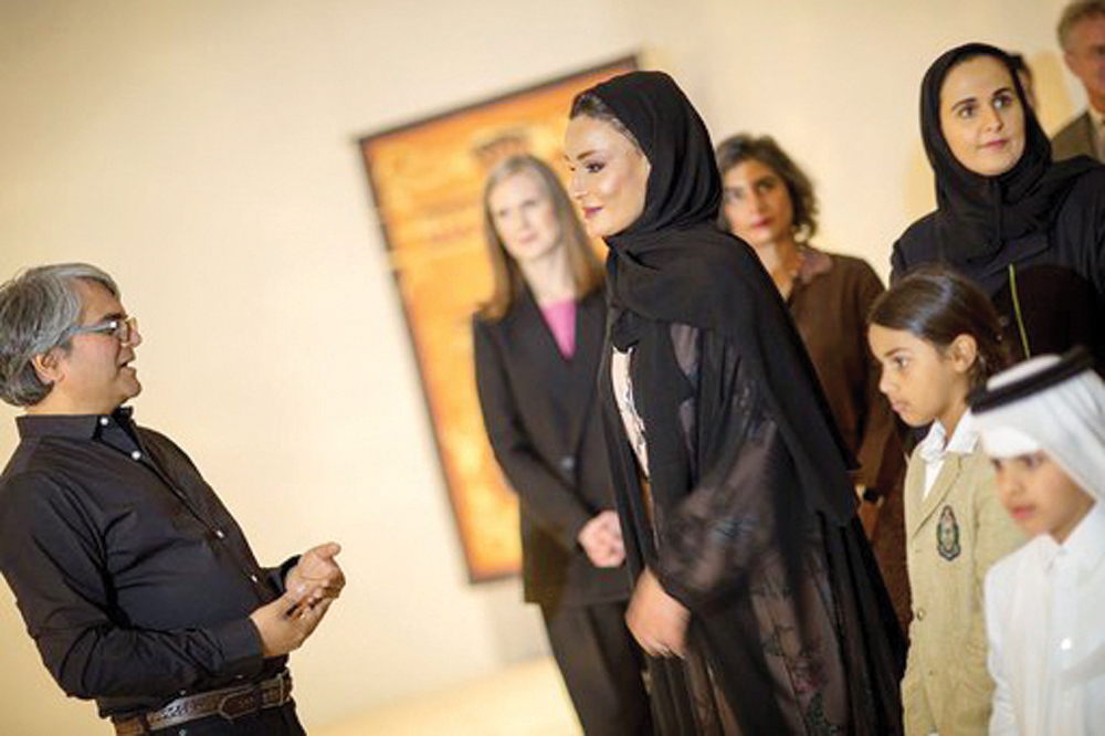 This file picture shows H H Sheikha Moza bint Nasser, Chairperson of Qatar Foundation, during the inauguration of Mathaf exhibition that celebrated Indian art. 