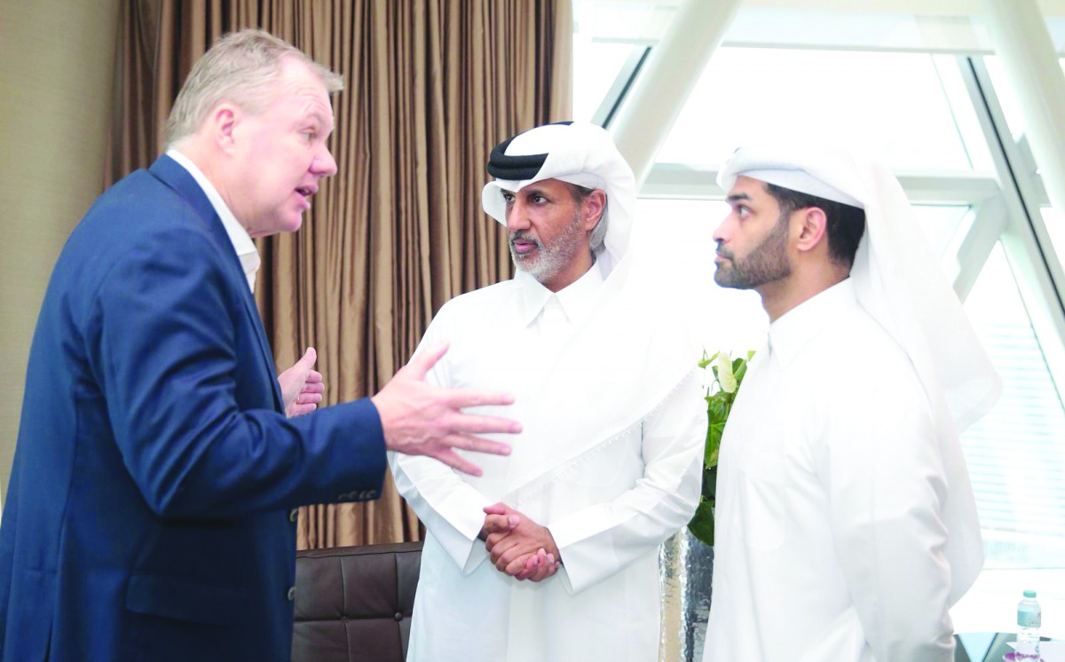 Qatar Football Association (QFA) President Sheikh Hamad bin Khalifa bin Ahmed Al Thani (centre) and Hassan Al Thawadi, Secretary-General of Supreme Committee for Delivery & Legacy, during a meeting with Swedish Football Association President, Karl-Erik Ni