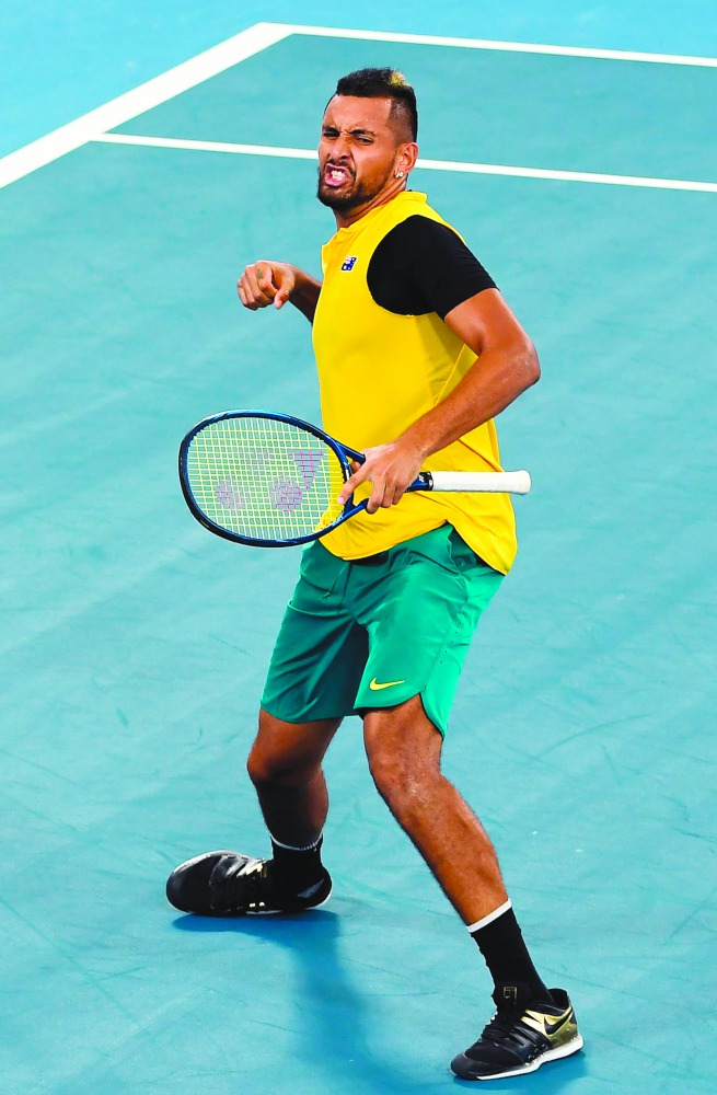 Nick Kyrgios of Australia reacts in their men's doubles match against Jamie Murray and Joe Salisbury of Britain at the ATP Cup tennis tournament in Sydney on January 9, 2020. AFP / William West 