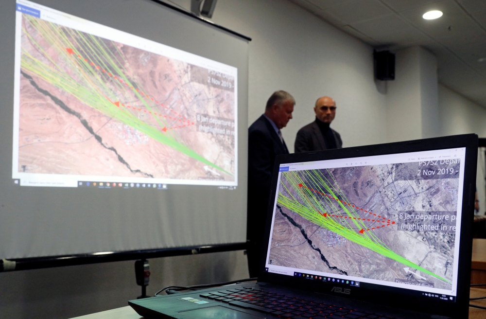 A map of flight PS-752's departure paths is seen on a computer screen at a news briefing about the crash of the Boeing 737-800 plane, flight PS-752, on the outskirts of Tehran, at the Boryspil International Airport, outside Kiev, Ukraine January 11, 2020.