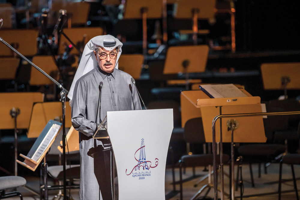 H E Dr. Hamad bin Abdulaziz Al Kawari, Minister of State, speaks before the concert celebrating the opening of Qatar-France 2020 Year of Culture at Katara Opera House on Friday.