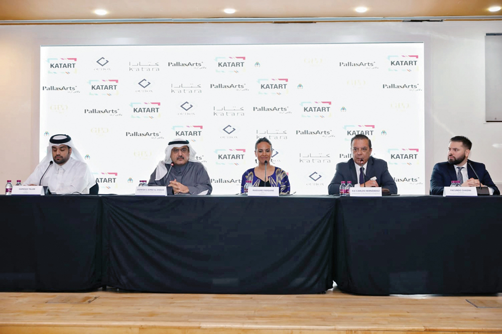 From left: Hamzah Taleb, CEO of Outbox; Darwish S Ahmed Al Shebani, Director of Cultural Affairs at Katara; Mariame Farqane, CEO of Pallas Arts; H E Carlos Hernandez, Ambassador of Argentina to Qatar; and Facundo Chadini, Director of Margarita Barrientos 