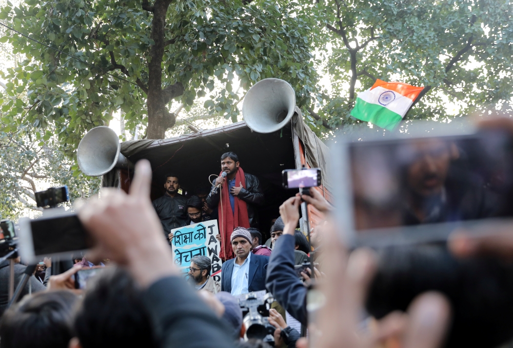 India's left-wing youth leader Kanhaiya Kumar addresses people during a protest against the attacks on the students of Jawaharlal Nehru University (JNU), in New Delhi, India, January 9, 2020.  Reuters/Anushree Fadnavis 