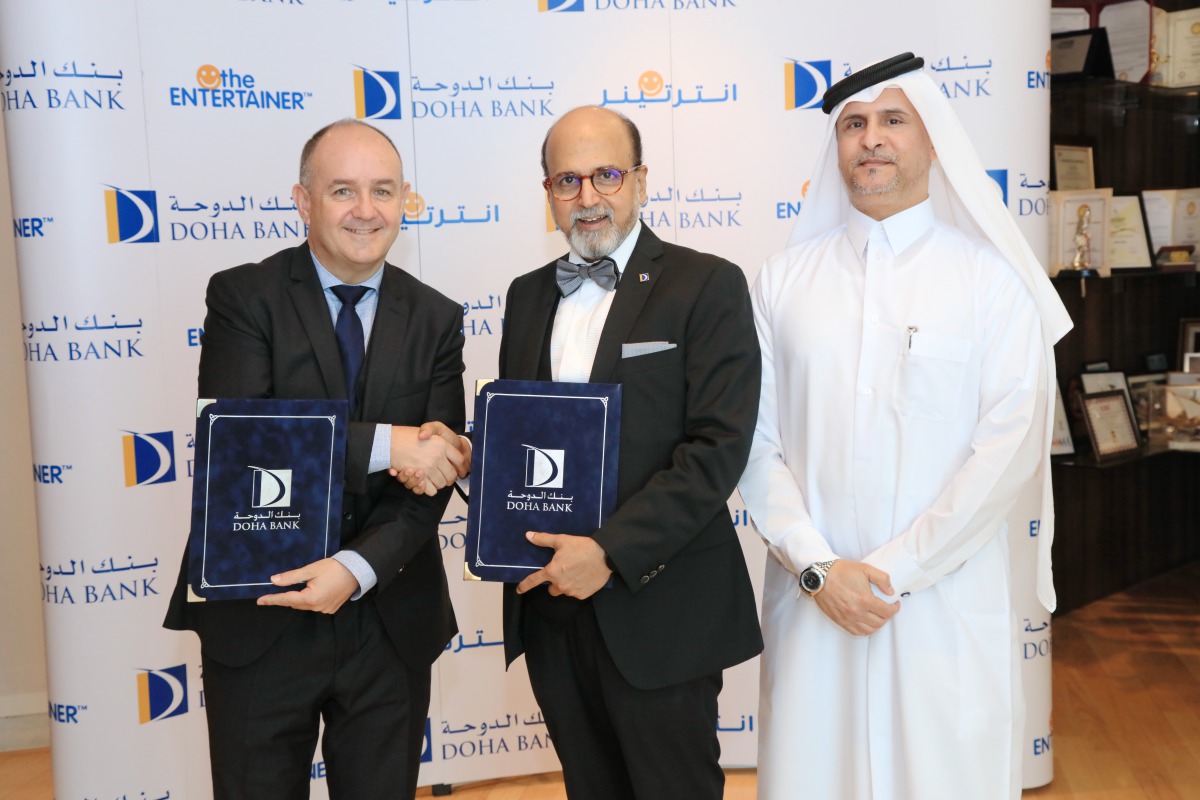 Dr. R Seetharaman (centre), Group CEO of Doha Bank, Paul Hennessey (left), CEO of the ENTERTAINER, and Braik Ali Al Marri, Chief Retail Banking Officer at Doha Bank during the launch of Doha Bank ENTERTAINER in Doha, recently. 