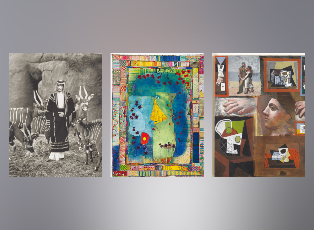FROM LEFT: “Sheikh Saud with the beira antelope” by Richard Avedon from the collection of Sheikh Saud bin Muhammad Foundation; Huguette Caland’s 2011 artwork “Mustache, Green Faces”; “Studies,” a 1920 painting by Pablo Picasso which will be one of the pie