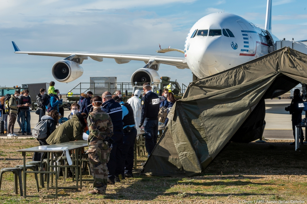  A plane carrying French nationals repatriated from Wuhan, China, amid the new coronavirus outbreak, lands at Istres Air Base, near Marseille, China, France January 31, 2020 in this handout picture released February 1, 2020. Adj Olivier Favre/Etat Major d
