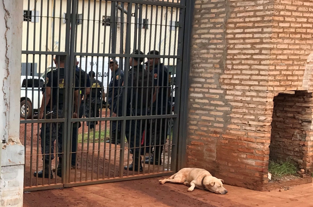 A dog is seen in front of the border prison, where prisoners, housed in a gallery for members of Brazil's First Capital Command (PCC) gang, broke out of the jail in Pedro Juan Caballero, Paraguay January 22, 2020.  Reuters/Gabriel Stargardter
 
