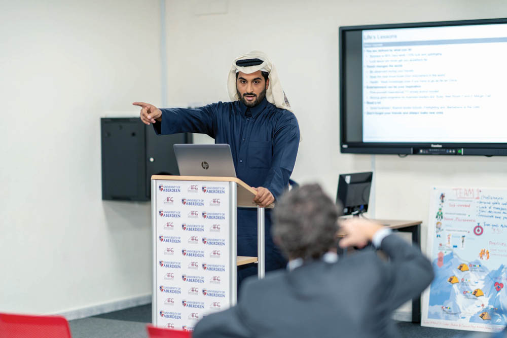 Sheikh Mohamed bin Abdulla Al Thani speaking at AFG College.