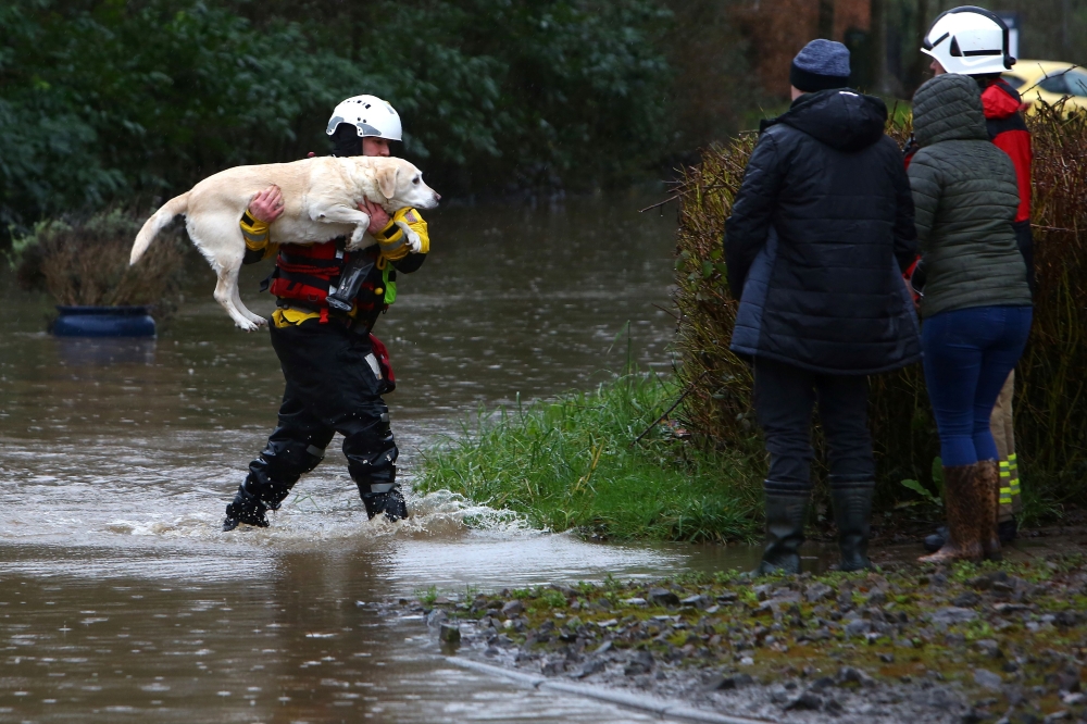 Members of the emergency services evacuate residents and their dogs from flooded houses by rescue boat after the River Taff burst its banks in Nantgarw, south of Ponypridd in south Wales on February 16, 2020, after Storm Dennis caused flooding across larg