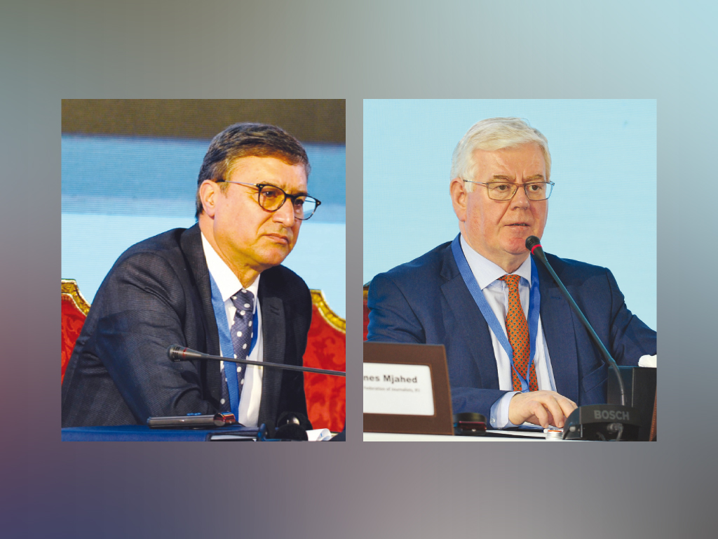 Eamon Gilmore (right), EU Special Representative for Human Rights; and Younes Mjahed, President International Federation of Journalist, while addressing the conference.  Pic: Salim Matramkot/The Peninsula