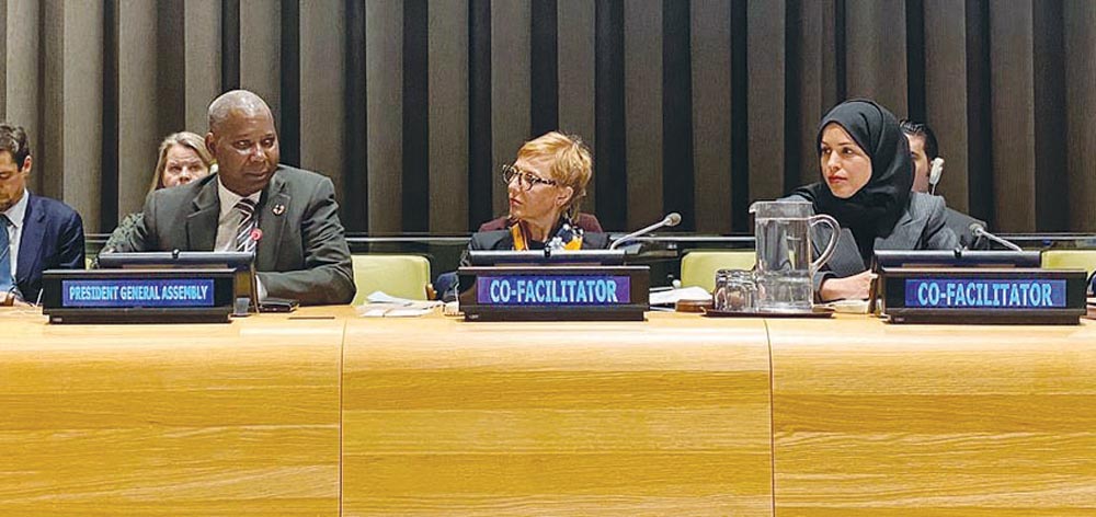 The Permanent Representative of the State of Qatar to the United Nations, Ambassador H E Sheikha Alya Ahmed bin Saif Al Thani; Permanent Representative of Sweden, Ambassador H E Anna Enestrom; and the President of the 74th Session of the UN General Assemb