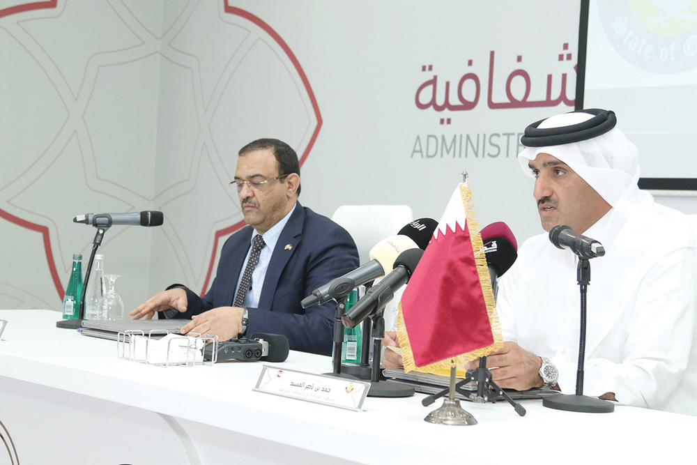 The President of the Administrative Control and Transparency Authority, H E Hamad bin Nasser Al Misnad, and the Head of the Palestinian Anti-Corruption Commission, Dr. Ahmed Barak, during the signing of MoU. 
