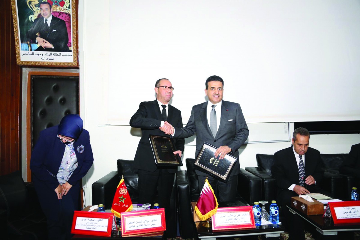 The Chairman of the Board of Trustees of the Rule of Law and Anti-Corruption Center, H E Dr. Ali Bin Fetais Al Marri, with the President of Cadi Ayyad University, Pr. Moulay Lhassan, during the signing of an MoU in Marrakesh. 