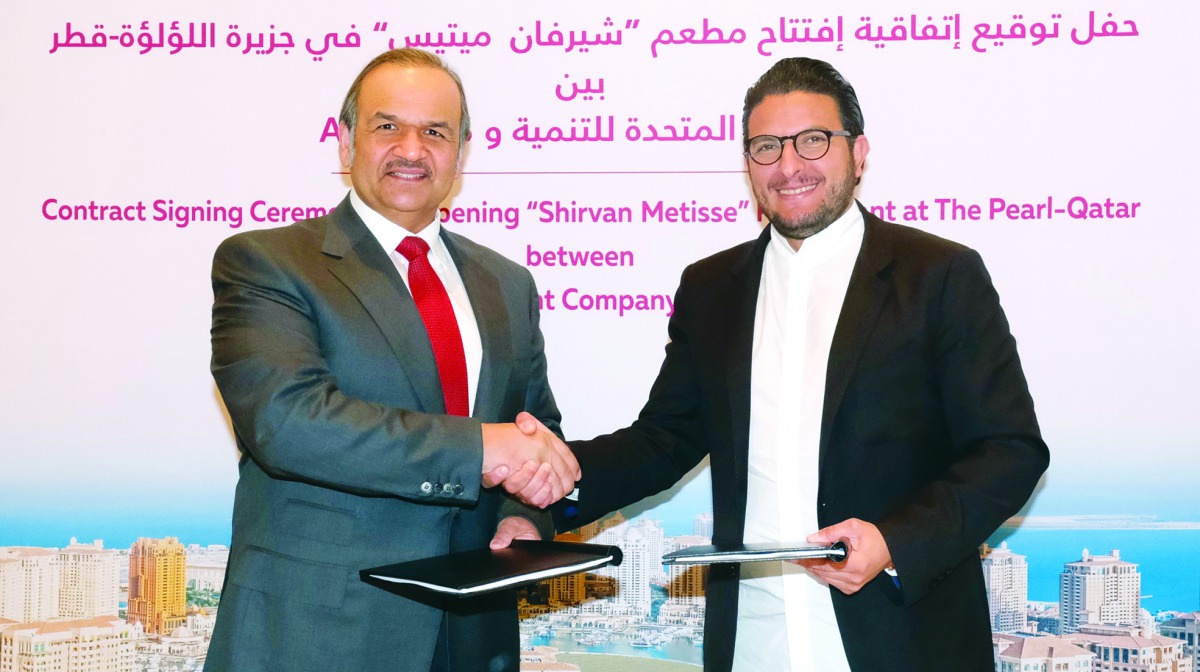 Ibrahim Jassim Al Othman (left), President, CEO and Board member of UDC, and Akrame Benallal, CEO of Shirvan Metisse, at the signing ceremony, recently.  
