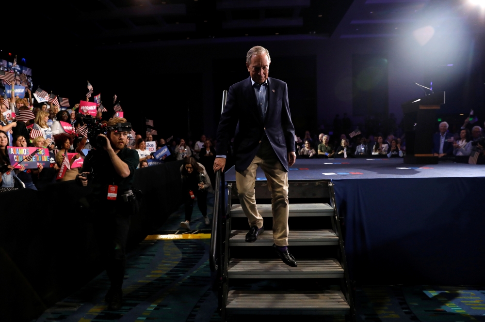 Democratic US presidential candidate Michael Bloomberg departs after addressing supporters at his Super Tuesday night rally in West Palm Beach, Florida, March 3, 2020. Reuters/Marco Bello