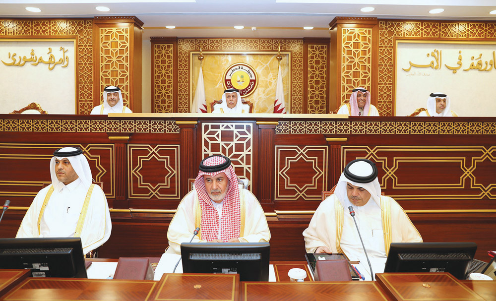 The Speaker of the Shura Council, H E Ahmed bin Abdullah bin Zaid Al Mahmoud, during the regular weekly session of the Council, yesterday. 