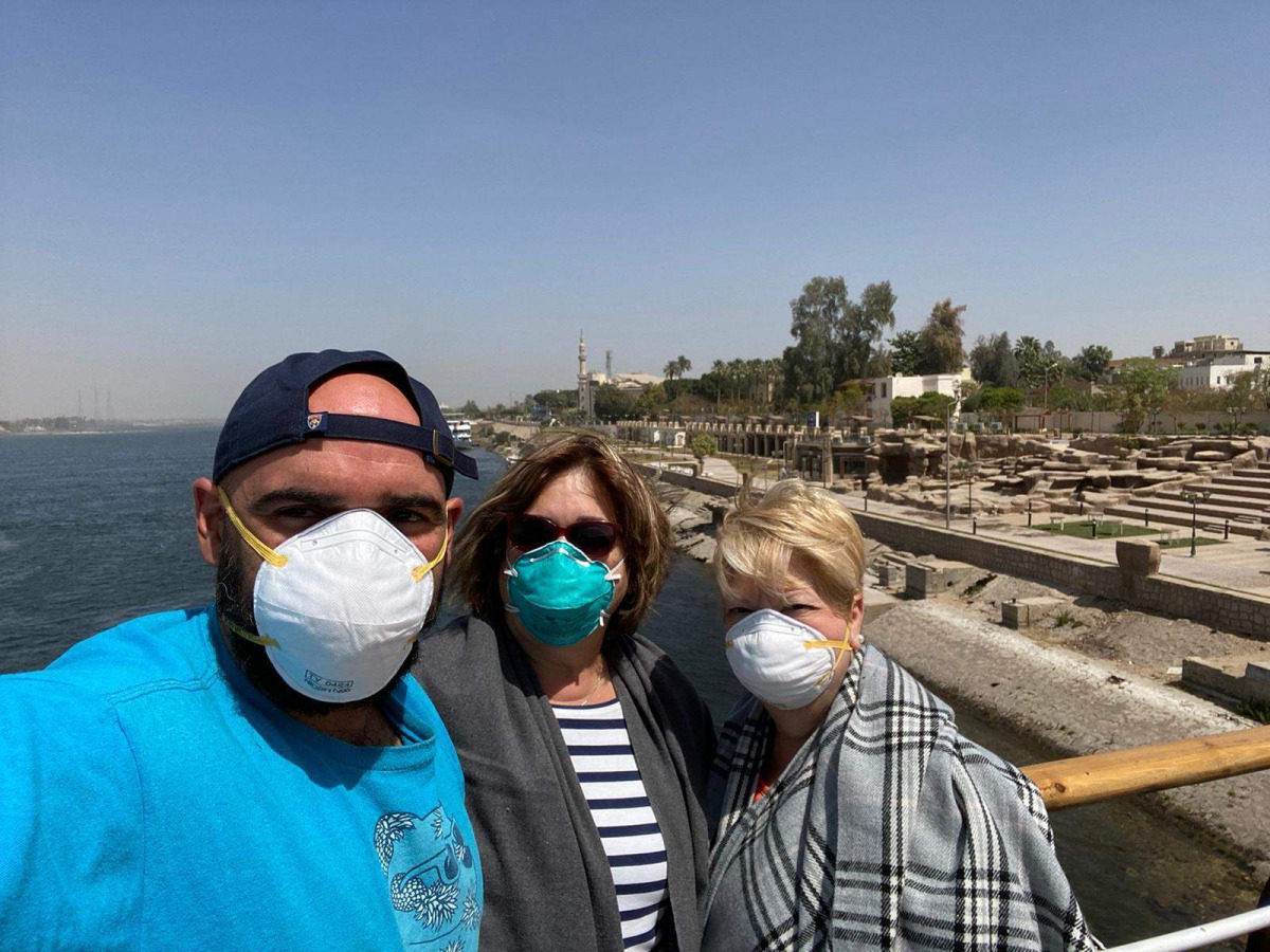A selfie of Javier Parodi, left, Grissel Parodi and Amy Khamissian, on board the Nile cruise ship MS Asarade, in Luxor, Egypt, Tuesday, March 10, 2020. 