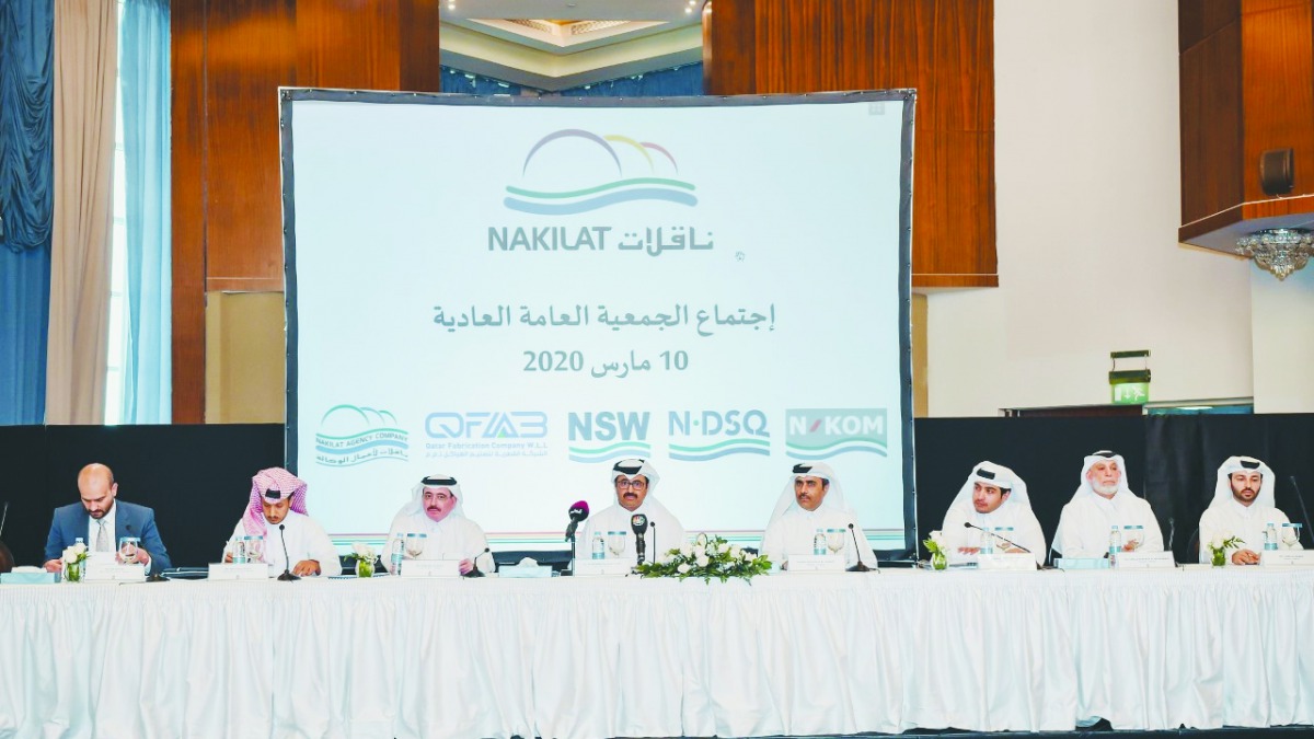 Dr. Mohammed bin Saleh Al Sada (centre), Chairman of Nakilat Board; Abdullah Al Sulaiti (left), Chief Executive Officer, Nakilat; and other Board Members of Nakilat during the Annual General Meeting, yesterday.
