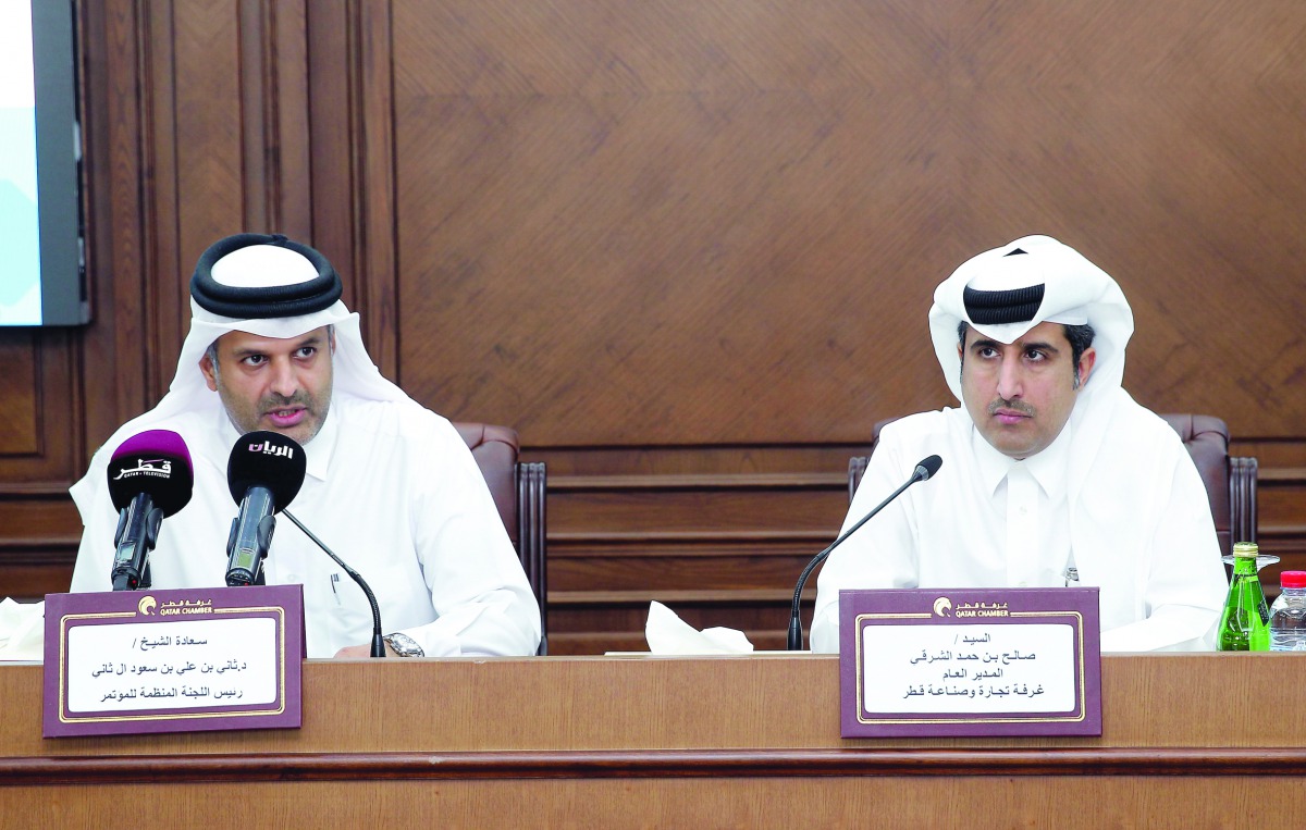 Saleh bin Hamad Al Sharqi (right), Director-General at Qatar Chamber, and Sheikh Dr. Thani bin Ali bin Saud Al Thani, Head of the Organising Committee for the First Conference on ‘Developing Partnership between Public & Private Sectors’, addressing the pr