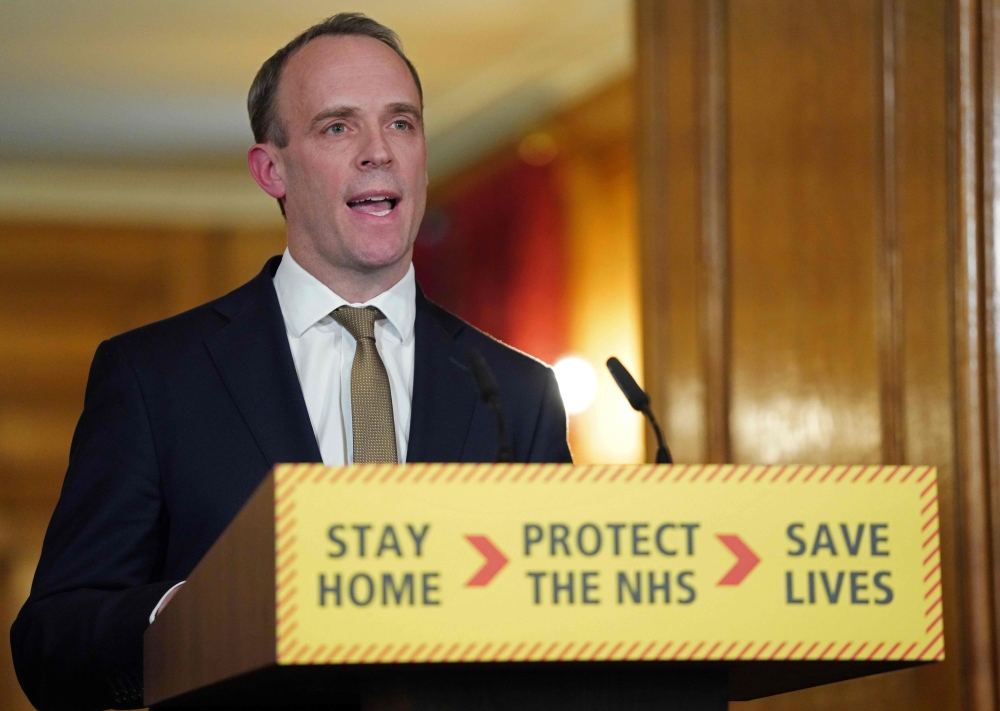 Britain's Foreign Secretary Dominic Raab holding a remote press conference to update the nation on the Covid-19 pandemic, inside 10 Downing Street in central London on March 30, 2020. AFP/ 10 Downing Street / Pippa Fowles