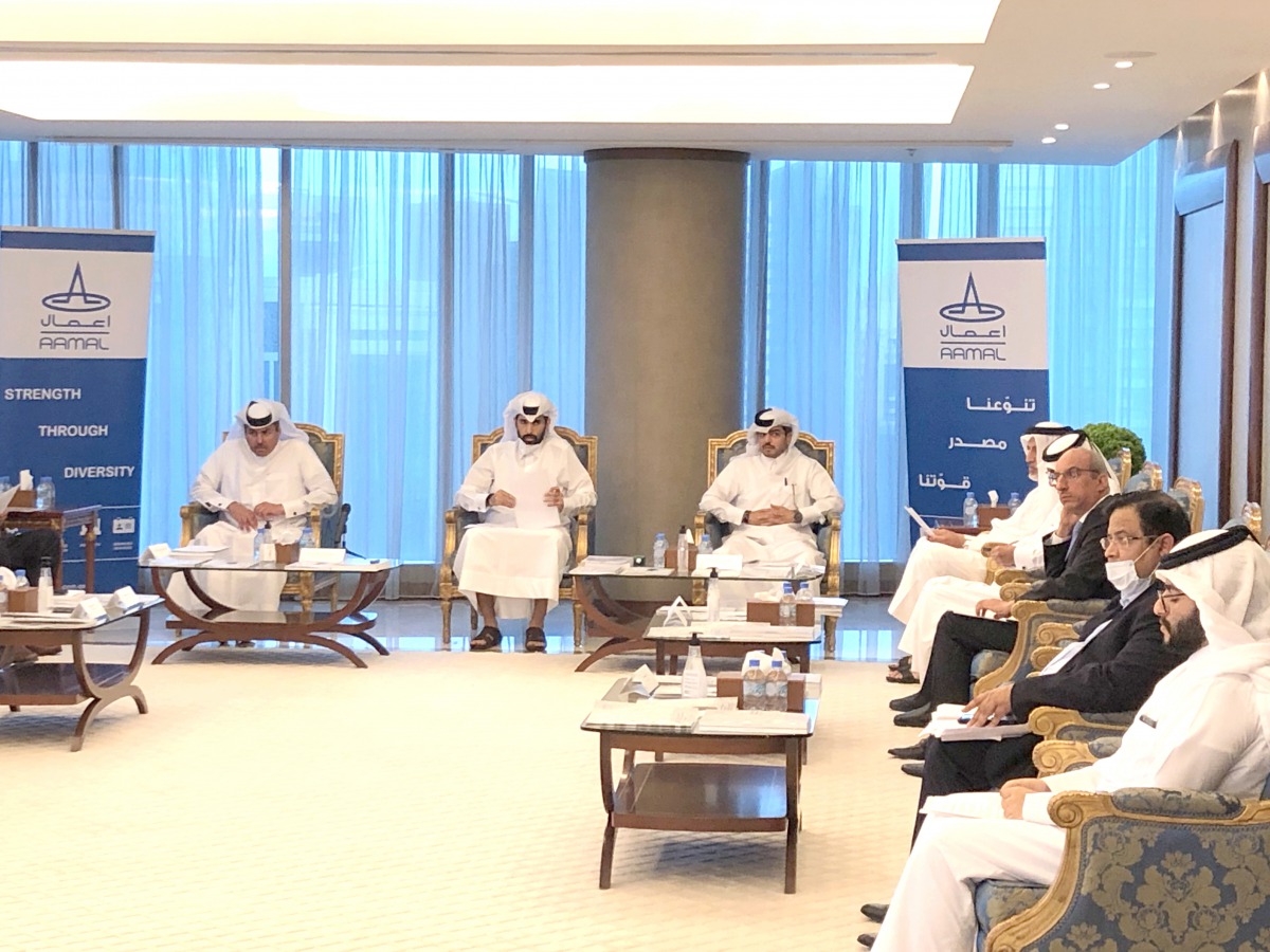 Sheikh Mohammed bin Faisal Al Thani speaking during Aamal’s Annual Ordinary General Assembly, yesterday.