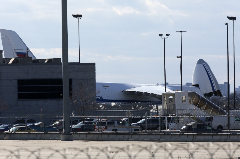 A Russian military transport plane carrying medical equipment, masks and supplies is seen shortly after landing at JFK International Airport during the outbreak of the coronavirus disease (COVID-19) in New York City, New York, U.S., April 1, 2020. REUTERS