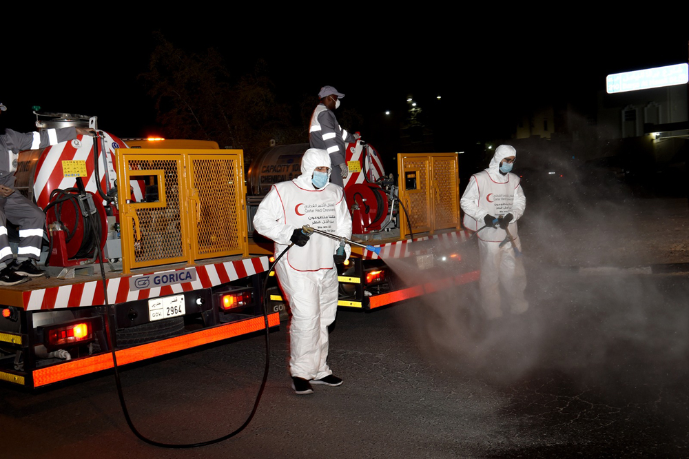 The workers of municipalities disinfect an area as part of a major campaign to ensure safety in view of the COVID-19 pandemic. 