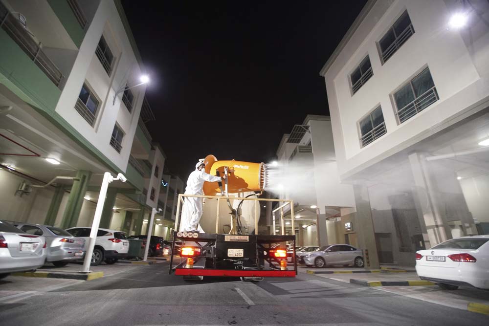 Sanitisation drive at Ezdan Oasis as part of Ezdan Real Estate Company's efforts to limit the coronavirus spread.