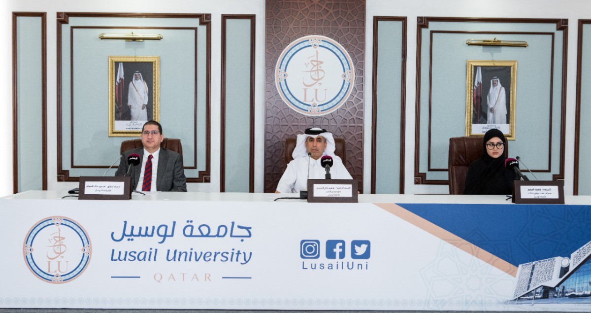 The Undersecretary of the Ministry of Education and Higher Education, H E Dr. Ibrahim bin Saleh Al Nuaimi, who is also a member of the Board of Trustees of Lusail University; President of Lusail University, Dr. Mahmoud Khaled Al Musafer, and Fatima Al Mus