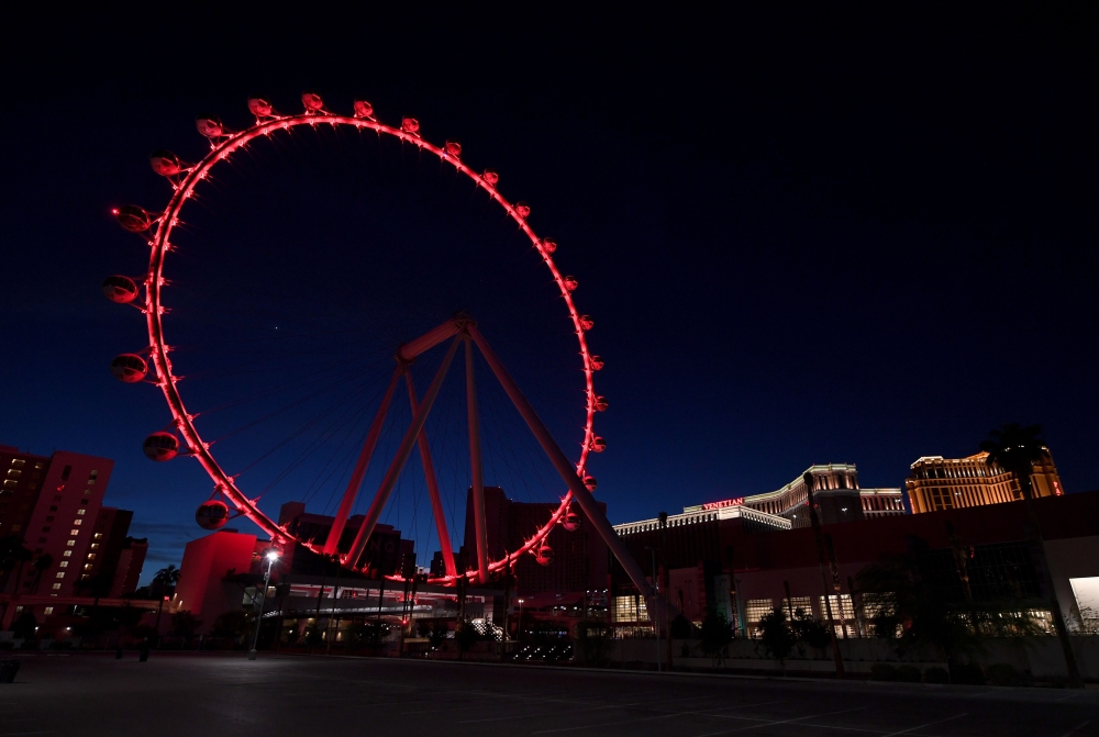 LAS VEGAS, NEVADA - MAY 05: The High Roller at The Linq Promenade is lit with red lights as part of a 