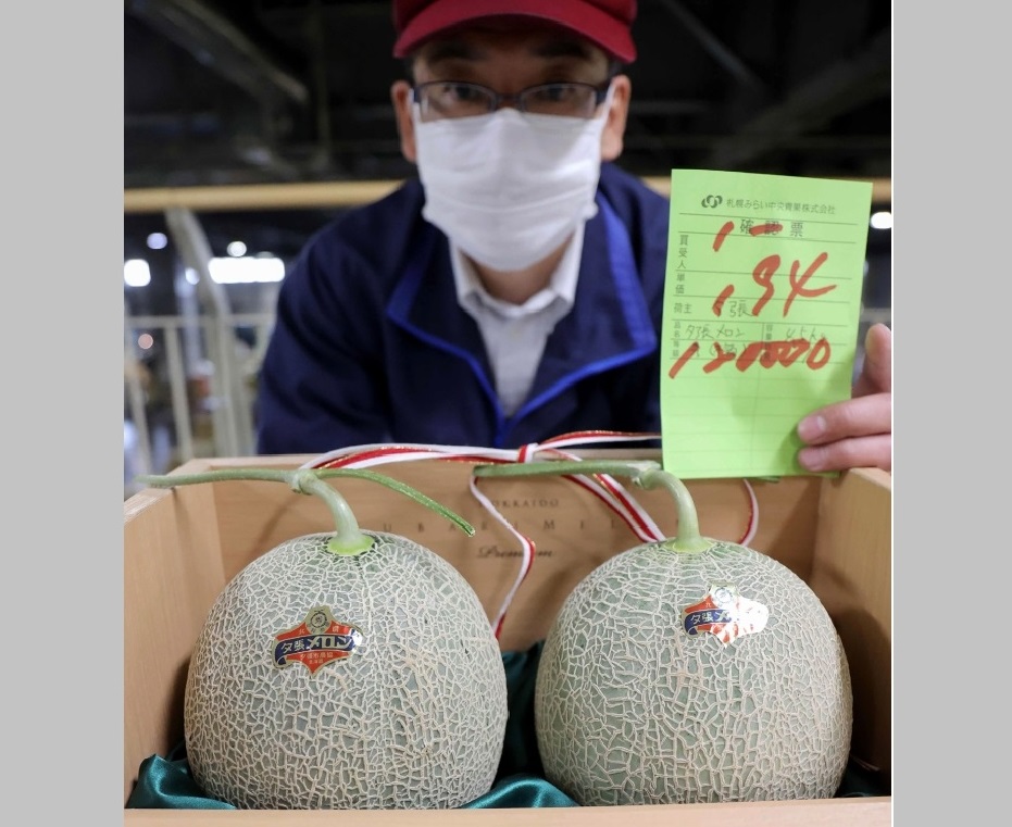 A man shows a pair of melons produced in Yubari which was sold for 120,000 yen (1,100 USD) during the season's first auction in Sapporo, Hokkaido prefecture on May 25, 2020. Japan OUT / AFP / JIJI PRESS / STR