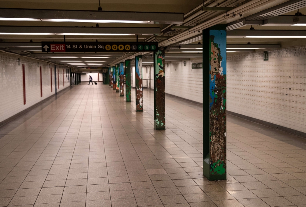 A subway station sits virtually empty at Union Square in Manhattan on June 01, 2020 in New York City.   John Moore/AFP 
