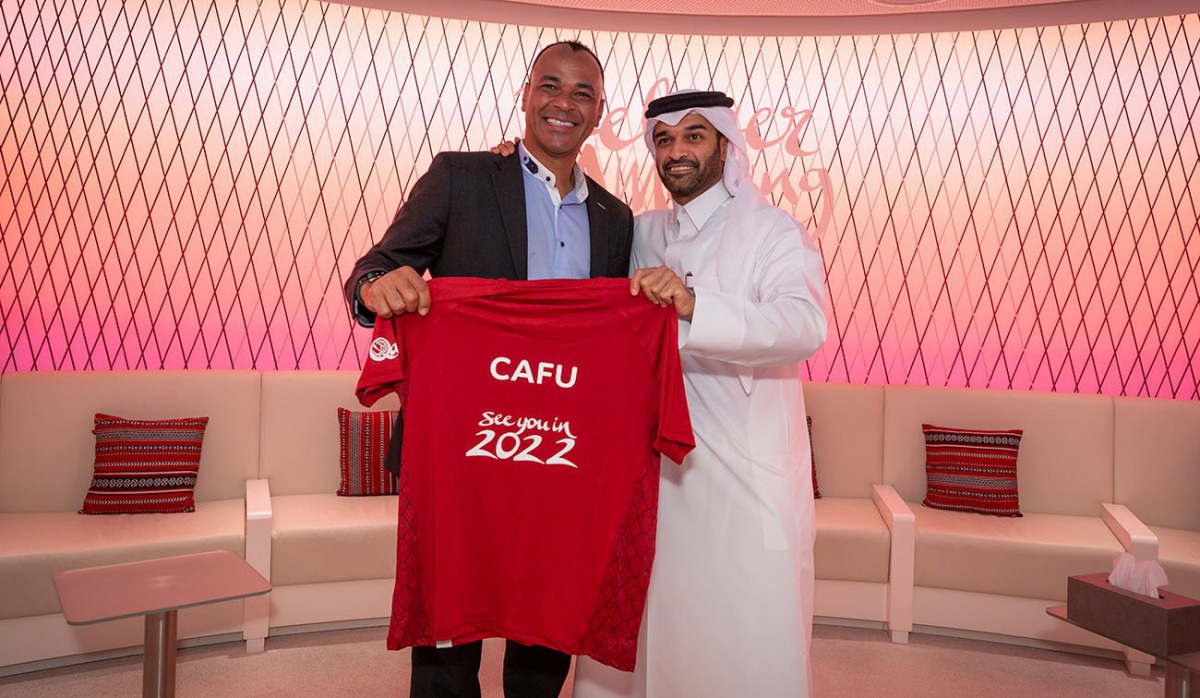 Cafu receives his Qatar 2022 jersey from Secretary-General of the Supreme Committee for Delivery & Legacy Hassan Al Thawadi, in this file photo. 