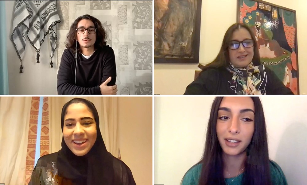 NU—Q student, faculty and alumni speak to the Class of 2024 during a series of Qahwa Chats webinars. Top left to right: Abdullah Al Hor, Rana Kazkaz; Bottom left to right: Mariam Farid, Alessandra El Chanti.