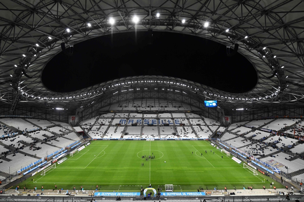 This file photo taken on October 20, 2019 shows the Velodrome Stadium prior to the French L1 football match between Olympique de Marseille (OM) and Racing Club de Strasbourg Alsace (RCS) in Marseille, southern France. AFP / Boris Horvat 