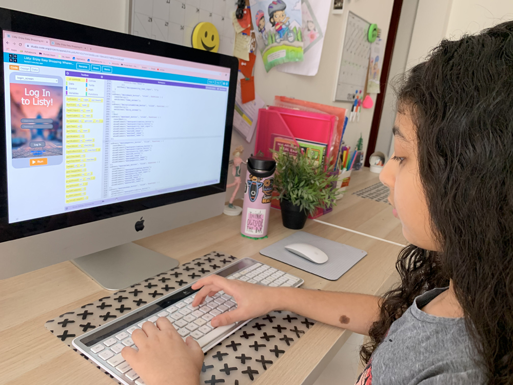 Ruby Abdeldayim, winner in the primary school category, with her app, Listy!, which helps shoppers create and curate shopping lists so they don’t forget to buy anything at the store