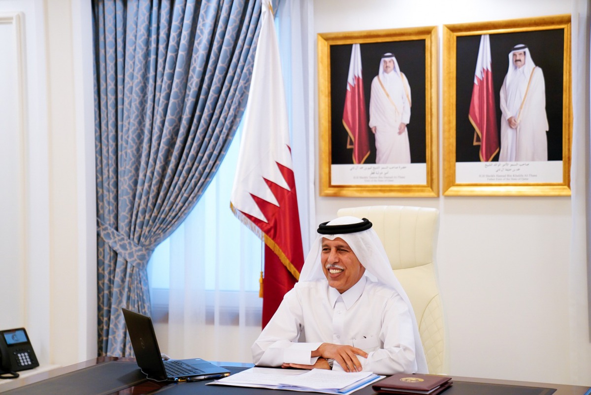 Speaker of the Shura Council, H E Ahmed bin Abdullah bin Zaid Al Mahmoud, participating in an Inter-Parliamentary Union meeting held yesterday via video conferencing. 