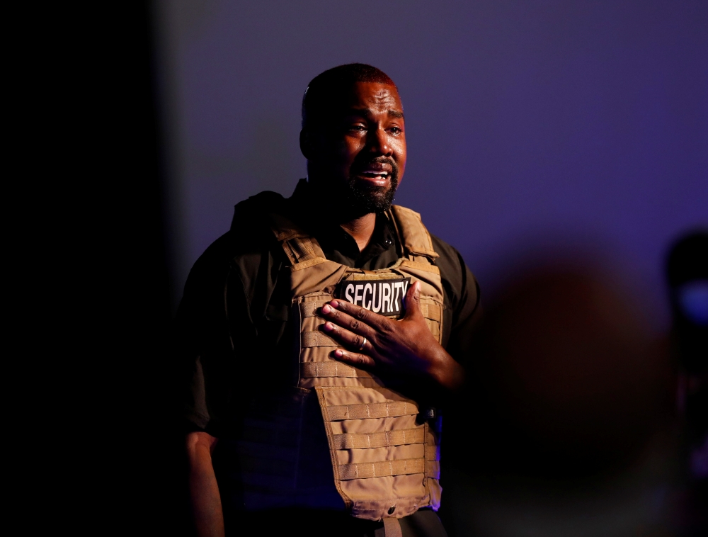 Rapper Kanye West gets emotional as he holds his first rally in support of his presidential bid in North Charleston, South Carolina, U.S. July 19, 2020. REUTERS/Randall Hill