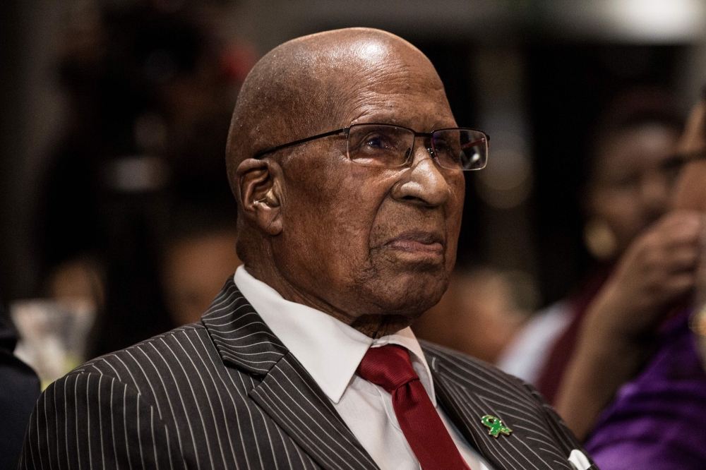 In this file photo taken on March 14, 2018 Former apartheid struggle stalwart and one of the last two surviving Rivonia triallists Andrew Mlangeni looks on at the inaugural George Bizos Human Rights Award in Johannesburg. Andrew Mlangeni, a former aparthe