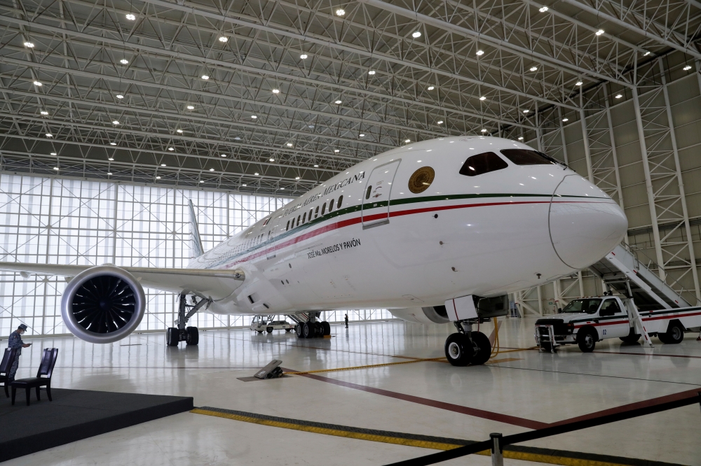 A view shows the exterior of a presidential plane, Boeing 787-8 Dreamliner, that Mexico's President Andres Manuel Lopez Obrador is selling, during a media tour at the presidential hangar at Benito Juarez International Airport, in Mexico City, Mexico July 