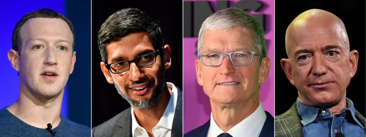 (COMBO) This combination of pictures created on July 07, 2020 shows (L-R) Facebook CEO Mark Zuckerberg in Paris on May 23, 2018, Google CEO Sundar Pichai Berlin on January 22, 2019, Apple CEO Tim Cook on October 28, 2019 in New York and Amazon Founder and