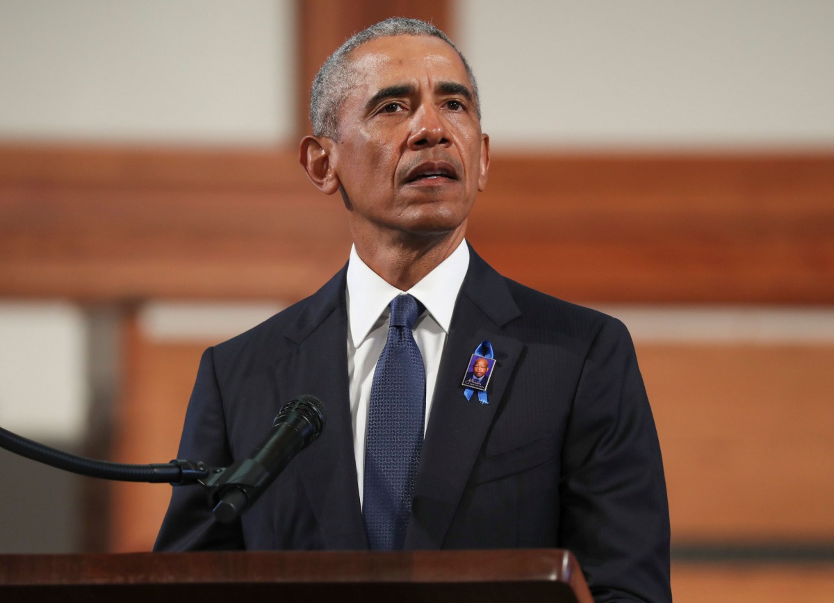 Former US President Barack Obama speaks during the funeral of late Representative and Civil Rights leader John Lewis(D-GA) at the State Capitol in Atlanta, Georgia on July 30, 2020. / AFP / POOL / Alyssa Pointer