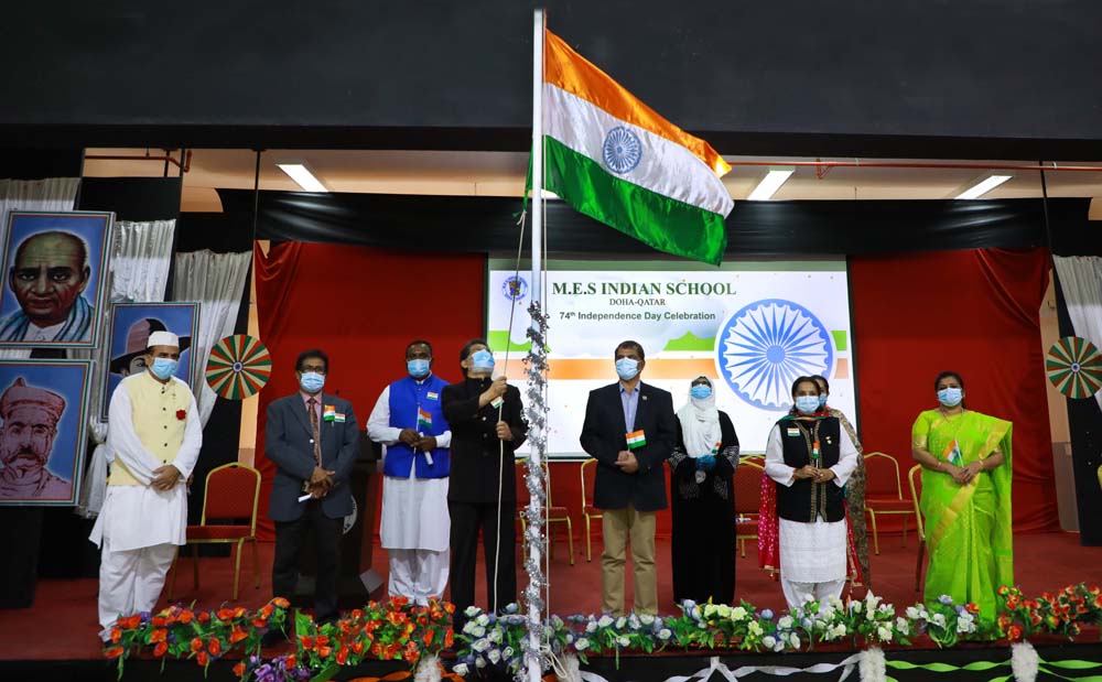 K Abdul Karim, President officiating, MES Governing Board, with other school staff unfurling the national flag of India on the occasion of 74th Independence Day.