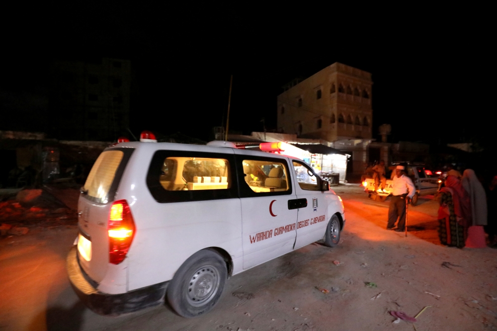 An emergencies vehicle is pictured after a blast at the Elite Hotel in Lido beach in Mogadishu, Somalia August 16, 2020. REUTERS/Feisal Omar
