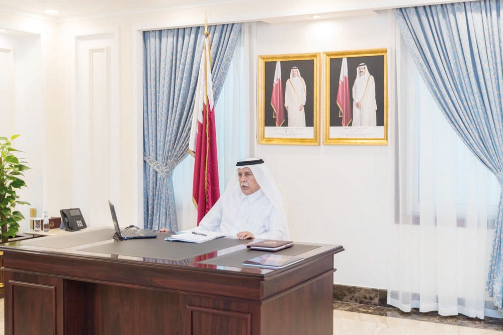 The Speaker of the Shura Council, H E Ahmed bin Abdullah bin Zaid Al Mahmoud, participating in the Fifth World Conference of Speakers of Parliament, which is being held via video conferencing.