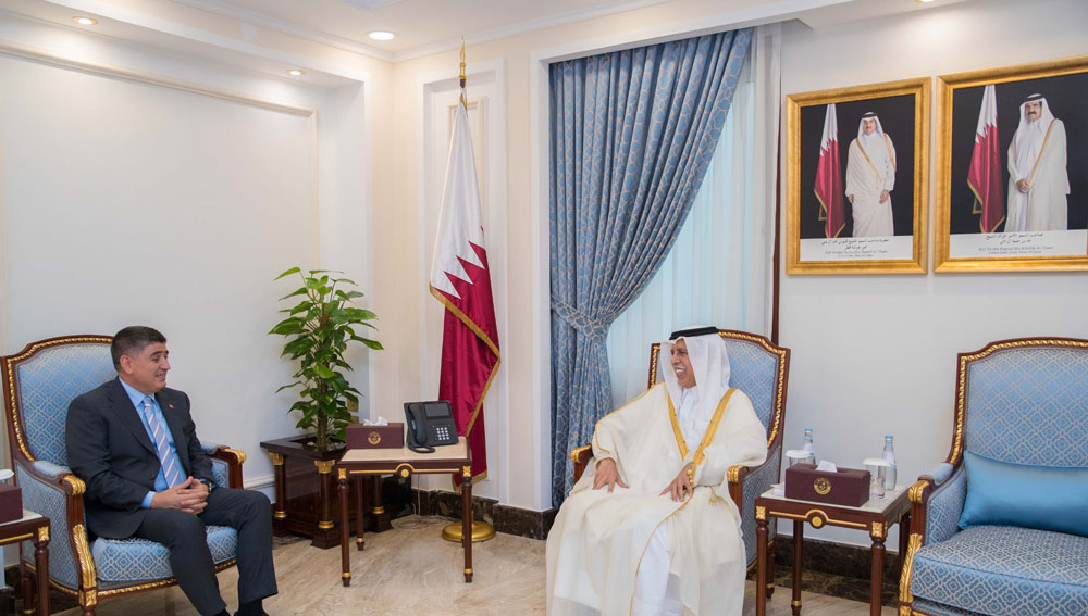Speaker of the Shura Council H E Ahmed bin Abdullah bin Zaid Al Mahmoud meets Ambassador of the Republic of Turkey to the State of Qatar H E Mehmet Mustafa Goksu, in Doha, yesterday.
