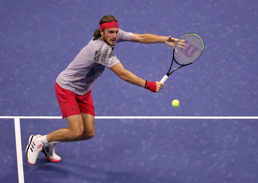Stefanos Tsitsipas of Greece returns a volley during his Mens Singles second round match against Maxime Cressy of the United States on Day Three of the 2020 US Open at the USTA Billie Jean King National Tennis Center on September 2, 2020 in the Queens bor